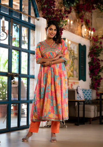 Varanga Multi Coloured Bandhani Printed Mirror Work Anarkali Kurta With Bottom And Dupatta